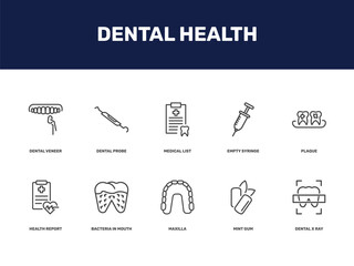 dental health icon set with dental veneer, dental probe, medical list, empty syringe signs in flat outline style © Abstract