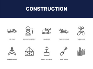 Fototapeta premium construction icon set with fuel truck, derrick facing right, bulldozer, truck with crane signs in flat outline style