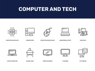 Fototapeta premium computer and tech icon set with computer micro chip, workstation, computer mouse device, widescreen laptop signs in flat outline style