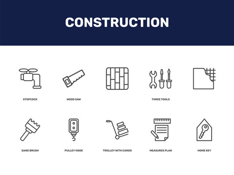 construction icon set with stopcock, wood saw, , three tools signs in flat outline style