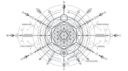 Sacred Geometry Compass, Flower of Life, Esoteric Symbol, Mystical Navigation © beni