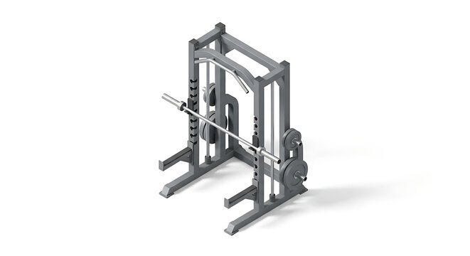 3d render of a gym power rack with barbell and weight plates isolated on white background