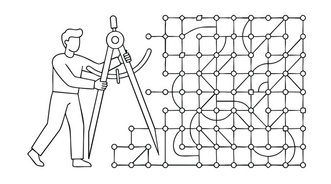 Technical architect or systems engineer using precision tools to design complex digital infrastructure and scalable network solutions