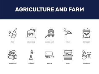 agriculture and farm icon set with fruit, greenhouse, chicken coop, vane signs in flat outline style © Abstract