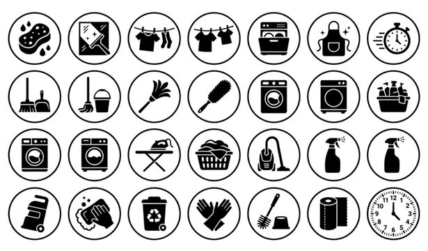 Black and white icons for household cleaning and laundry