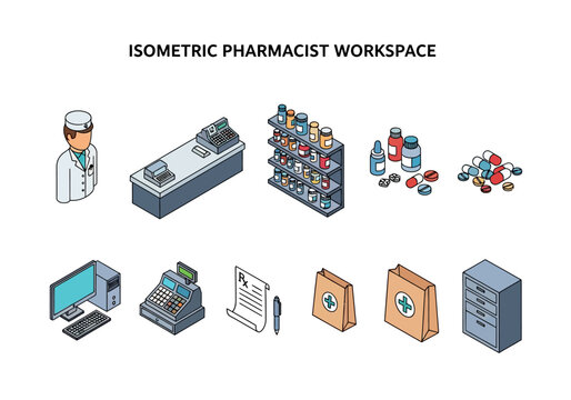 Isometric collection of pharmacy elements and equipment for medical store design
