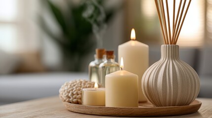 Obraz premium aromatherapy set-up, magazine showcases how to set up an aromatherapy kit for national relaxation day, including oils, candles, and diffusers for sensory relaxation