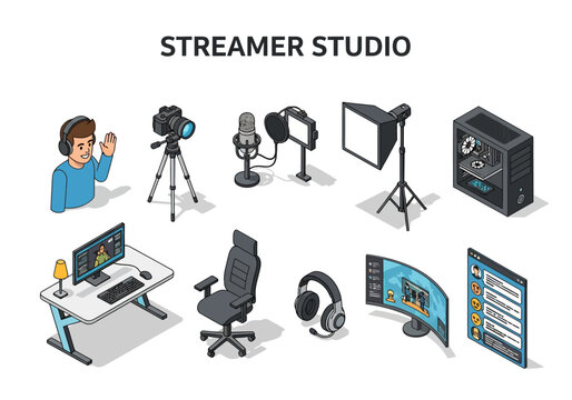 Isometric Streamer Studio Setup Featuring Computer, Camera, Microphone, and Gaming Chair