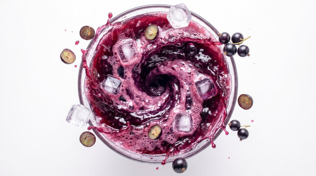 Top-down dynamic studio photography of an explosive liquid vortex swirl mixing rich dark purple blackcurrant juic