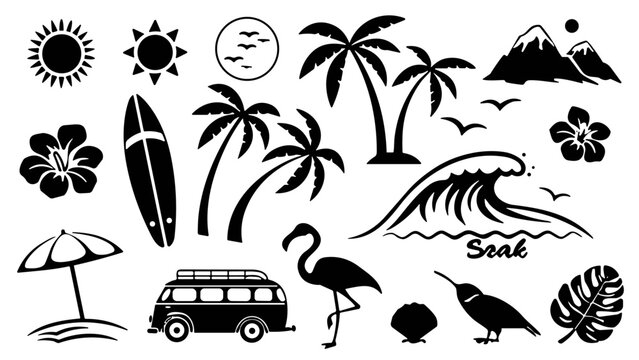 : Palm Trees, Surfboard, Birds, Flowers, and Camper Van Silhouette Vector Illustration