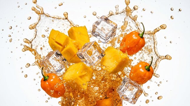 Extreme macro photography of an explosive amber-orange collision splash of sparkling habanero mango soda with ice cubes.