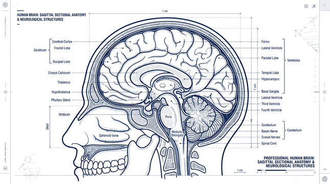Sagittal Brain Anatomy Diagram with Labels - Neurological Structures