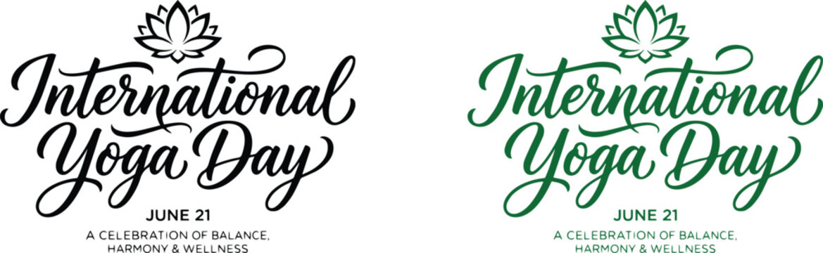 International Yoga Day celebration poster with green leaves and white text on light background