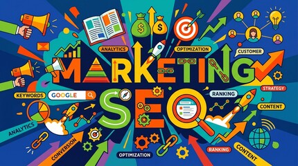 Fototapeta premium Colorful marketing SEO illustration with various icons and symbols in vibrant multicolored lighting for business branding