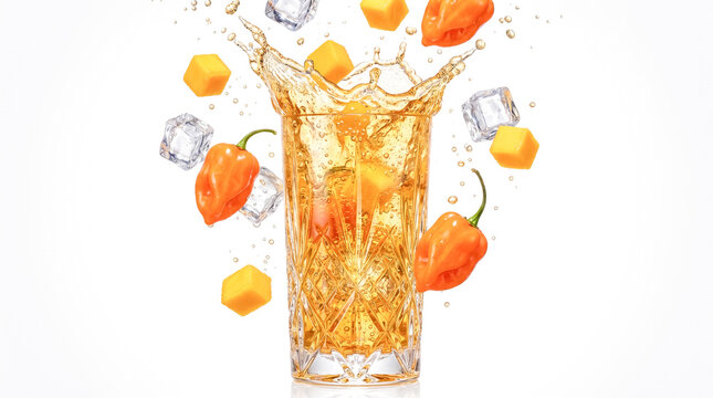 Commercial product photography of an explosive vertical splash of sparkling amber habanero mango soda in a cut-crystal glass with flying ingredients.