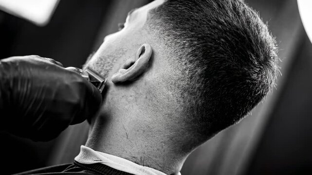 Taper Low Fade Haircut Black and White Closeup of Man Ear and Neck
