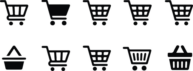 Set of various black shopping cart and basket icons for e-commerce, retail, and online store user interfaces. © Anondo_Stock