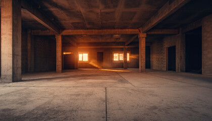Naklejka premium Empty New Construction Interior Bare Concrete Warm Light Beam Real Est