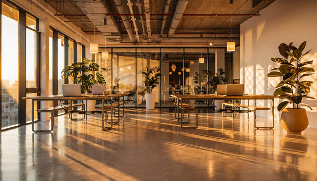 Empty Open Plan Modern Office Warm Afternoon Golden Light Interior Bac