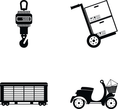 Delivery icons showing heavy load scale, hand truck, freight car, and delivery scooter