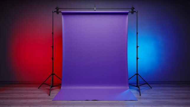 Professional photography studio backdrop with colorful lighting equipment setup