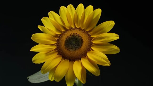  Time lapse close-up of yellow sunflower head blooming on dark black background, studio macro shot