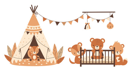 Cute Woodland Animals Baby Nursery Decor: Teepee, Crib, Bears, Fox, Garland © hakim