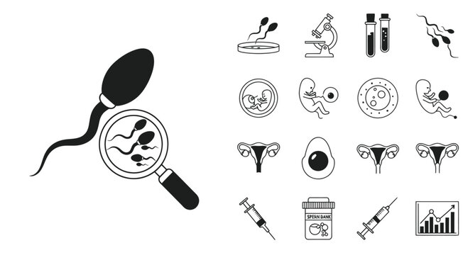 Fertility Science Icons: Sperm, Ovum, Embryo, Microscope, DNA, In Vitro