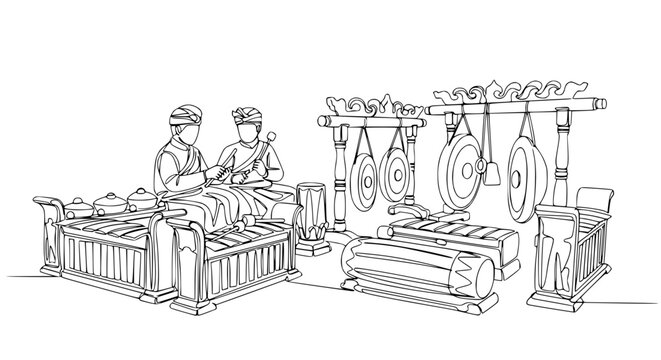 Traditional Indonesian Gamelan Orchestra Musicians Playing Instruments, Line Art