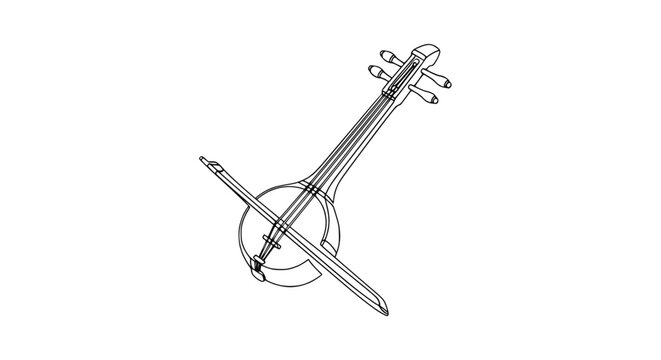 Elegant outline drawing of a traditional Chinese erhu musical instrument with bow