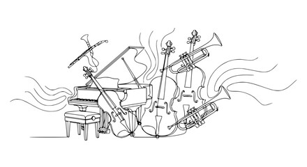 Orchestral Instruments Ensemble Sketch: Piano, Cello, Trumpet, Clarinet, Violin in Harmony © Helm