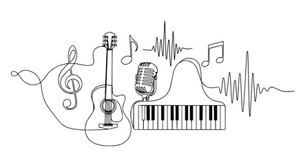 Continuous Line Art: Guitar, Piano, Microphone, Musical Notes & Sound Waves © Helm
