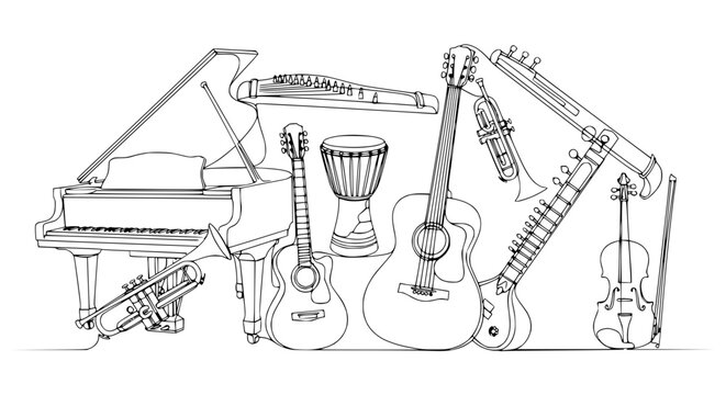 Diverse Musical Instruments Collection - Hand-Drawn Line Art