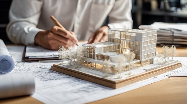 Architect working on building blueprint model