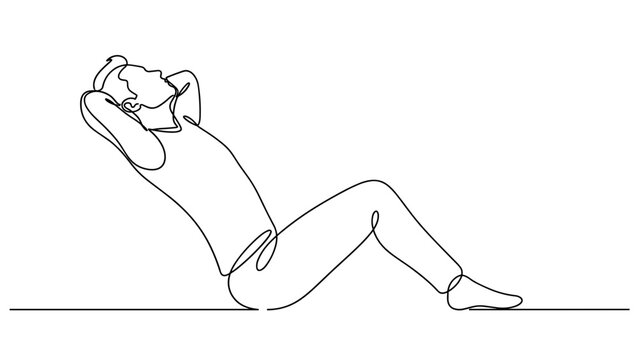 Continuous single line drawing of a man doing sit-ups exercise.