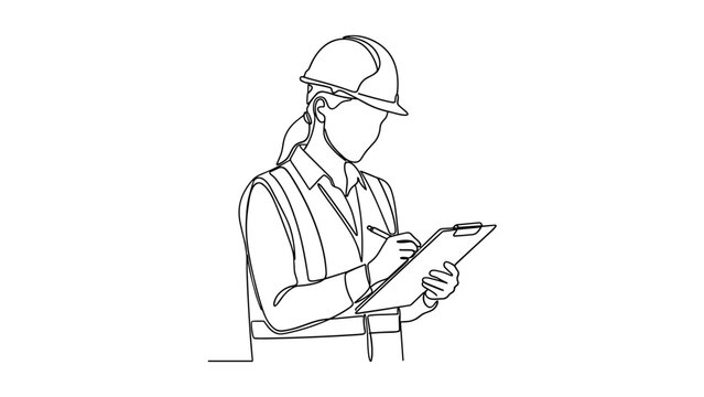 Continuous line drawing of a female construction engineer writing on a clipboard.