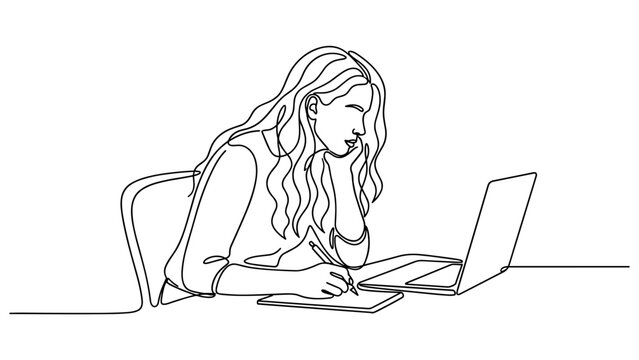Continuous line drawing of a woman working at her desk with a laptop and notebook.