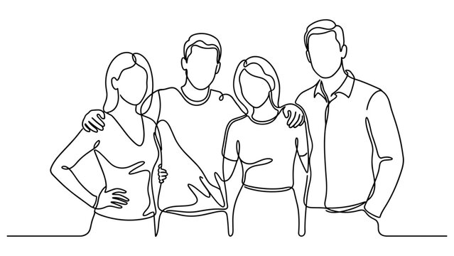 Continuous one line drawing of a happy group of friends.