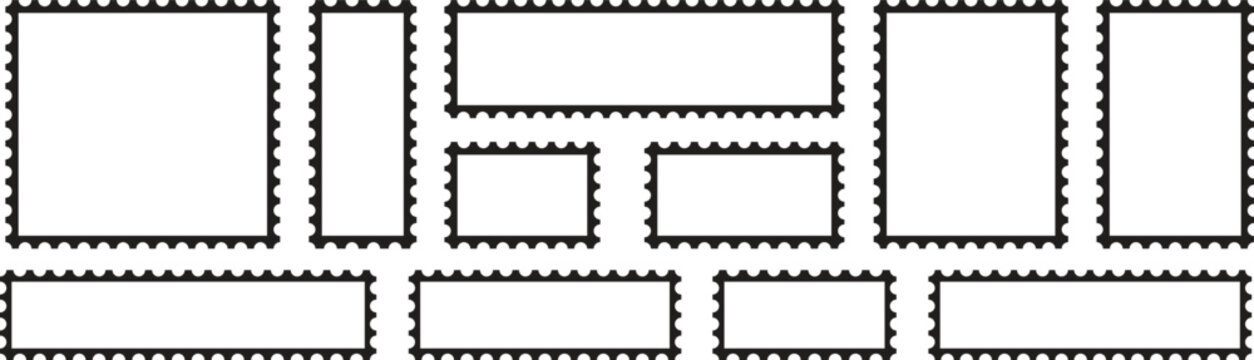 Black postage stamp outline border, empty stamps set. 
Postage icon. vector illustration,
