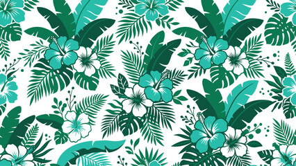Seamless tropical pattern with green and teal hibiscus flowers and palm leaves on a white background © Robich Art