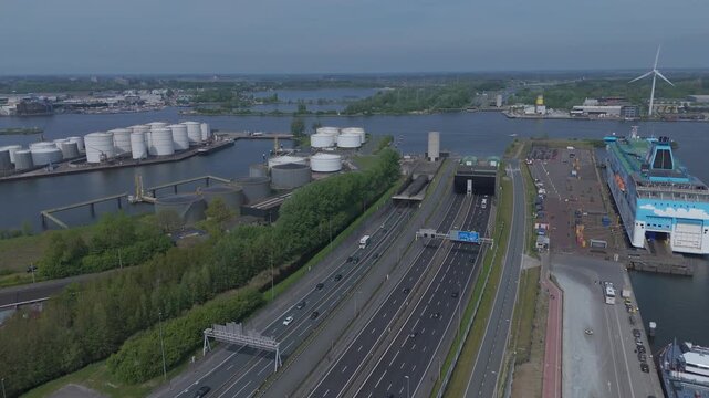 Aerial view of A10 motorway and Coentunnel entrance in Amsterdam Netherlands