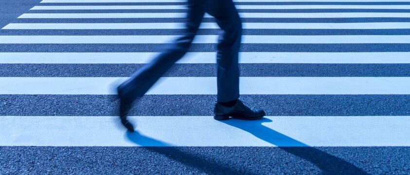 Person's legs in motion crossing a modern city crosswalk with motion blur