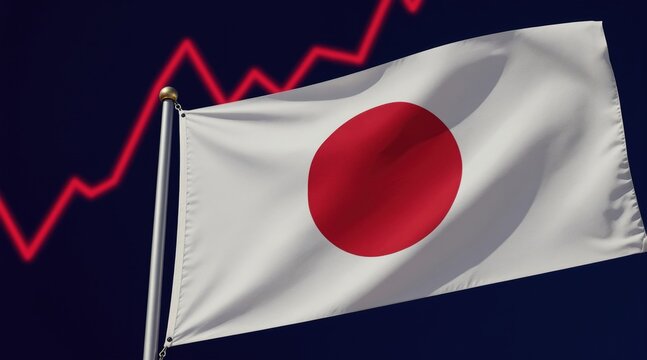 Japanese flag waves against dark background with red graph line showing stock market trend. Economic data visual, business finance, and national trade.