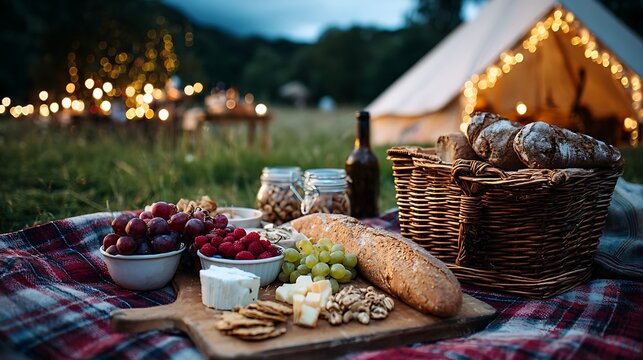 Cozy outdoor picnic spread with bread cheese and fruit set up on a blanket near a tent with fairy lights.