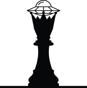 Strategic Mind Control Metaphor Pairing a Chess King Silhouette with a Hovering Line Art UFO Crown