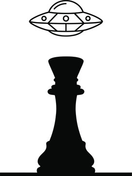 Strategic Mind Control Metaphor Pairing a Chess King Silhouette with a Hovering Line Art UFO Crown