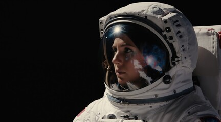 Obraz premium Female astronaut in helmet looks at universe. Space reflects in visor. She is determined, thoughtful, exploring deep space. Future of humanity.
