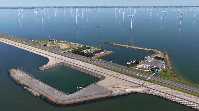 Aerial view of afsluitdijk and offshore wind farm