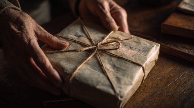 Close up of hands opening old vintage parcel with paper and twine, warm nostalgic lighting, emotional storytelling atmosphere, ultra detailed