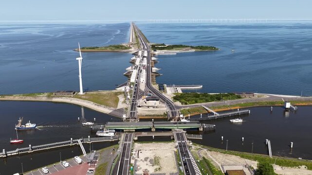 Aerial view of afsluitdijk dam road and lorentz locks in the netherlands